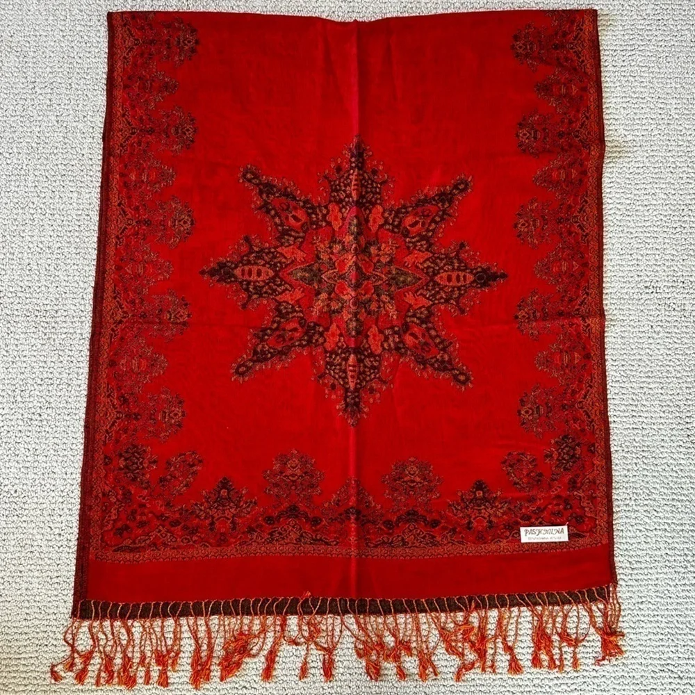 NEW Pashmina & Silk Lightweight Fringed Shawl‎ Wrap Red Black Starburst One Size